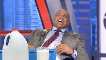 Charles Barkley gets sprayed with cow milk